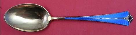 Teaspoon vermeil w/ cobalt blue enamel 5 3/4